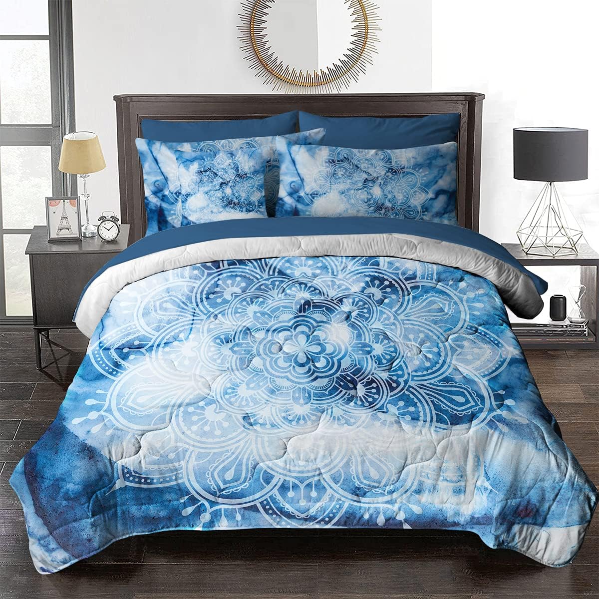 BlessLiving BedinABag 8 Piece Mandala Lotus Flower Comforter Set Blue Watercolor