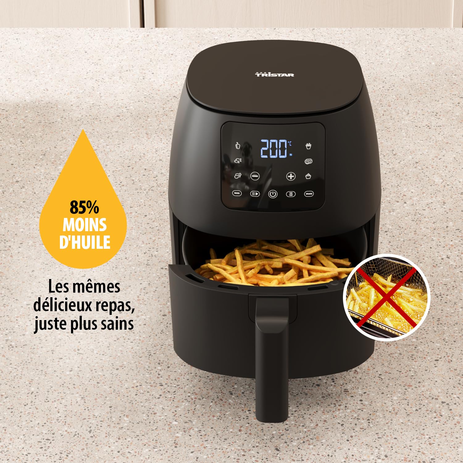 Tristar Mini Friteuse à air numérique - Sans huile - 6 programmes de cuisson - Revêtement antiadhésif - Thermostat réglable - 2L - 1500W - FR-9015, Noire