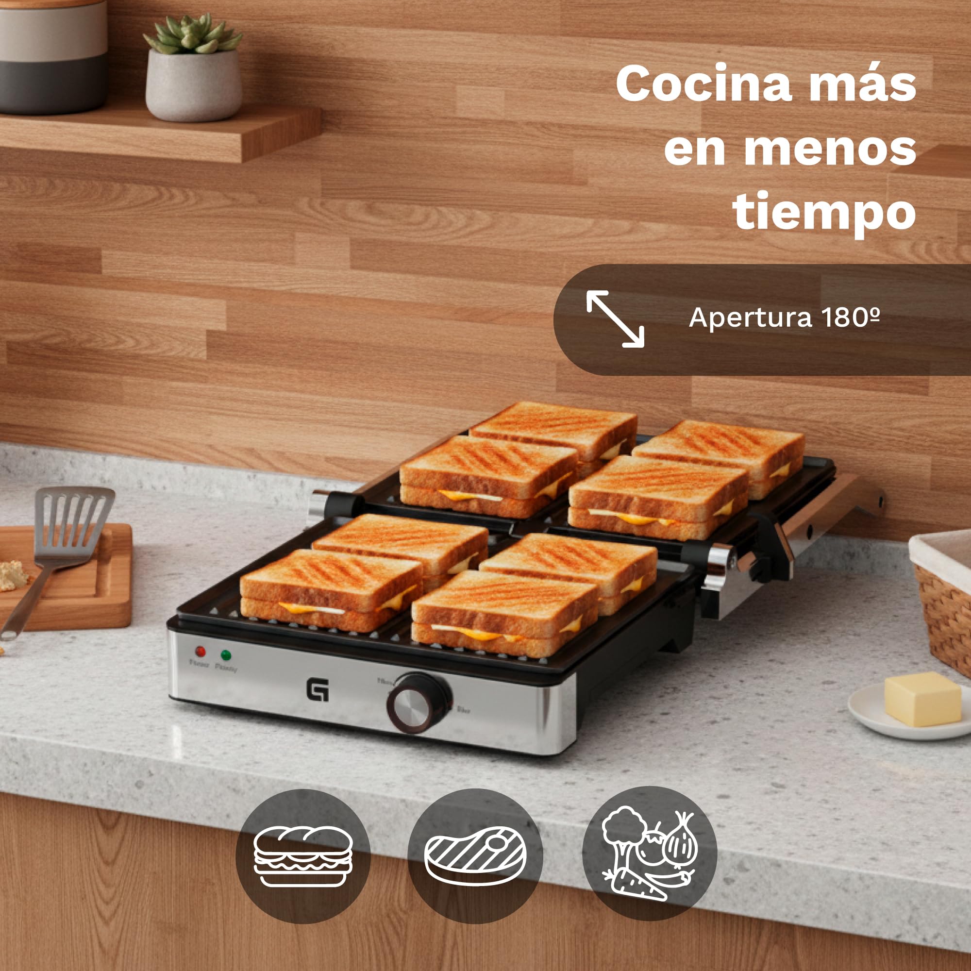 Parrilla grill eléctrica Grunkel 1000-2000W forma parilla barbacoa dos dimensiones, Antiadherente con Apertura 180° (2000W Grande)