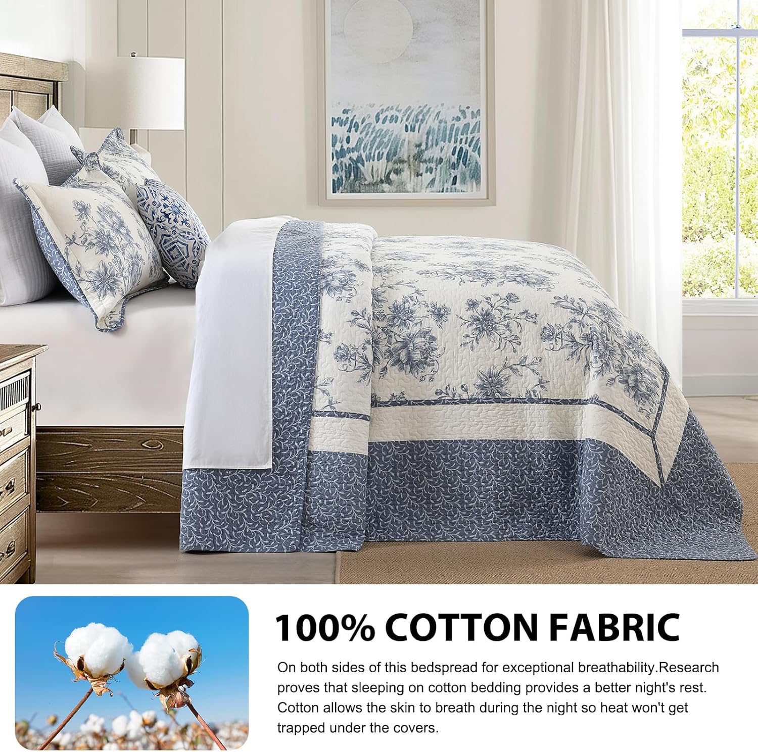 DDUOXIN Botanical Super Oversized King Bedspread - 128" W x120 L Extra Wide 100% Cotton California Quilt, Lightweight Reversible Oversize Bedspreads with 2 Pillow Shams, Blue Horizon/Cream - Image 3