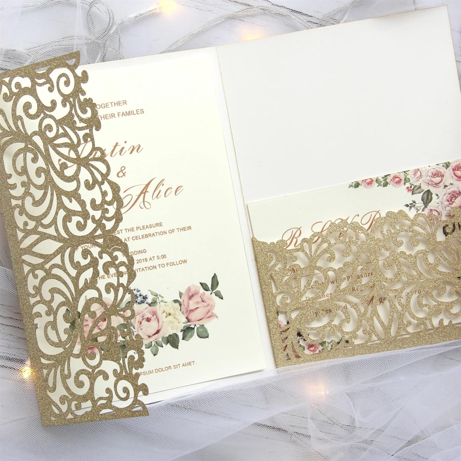 Hochzeitseinladungen Karte Drucken Sie benutzerdefinierte, lasergeschnittene Hochzeitseinladungskarten mit glitzerndem Einladungsset und dreifach gefalteten Tascheneinladungen mit Umschlag Hochzeitska