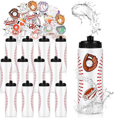 DI QIU REN 12 botellas de agua de béisbol a granel con 300 calcomanías, botellas de agua de béisbol reutilizables de plástico de 20 onzas para