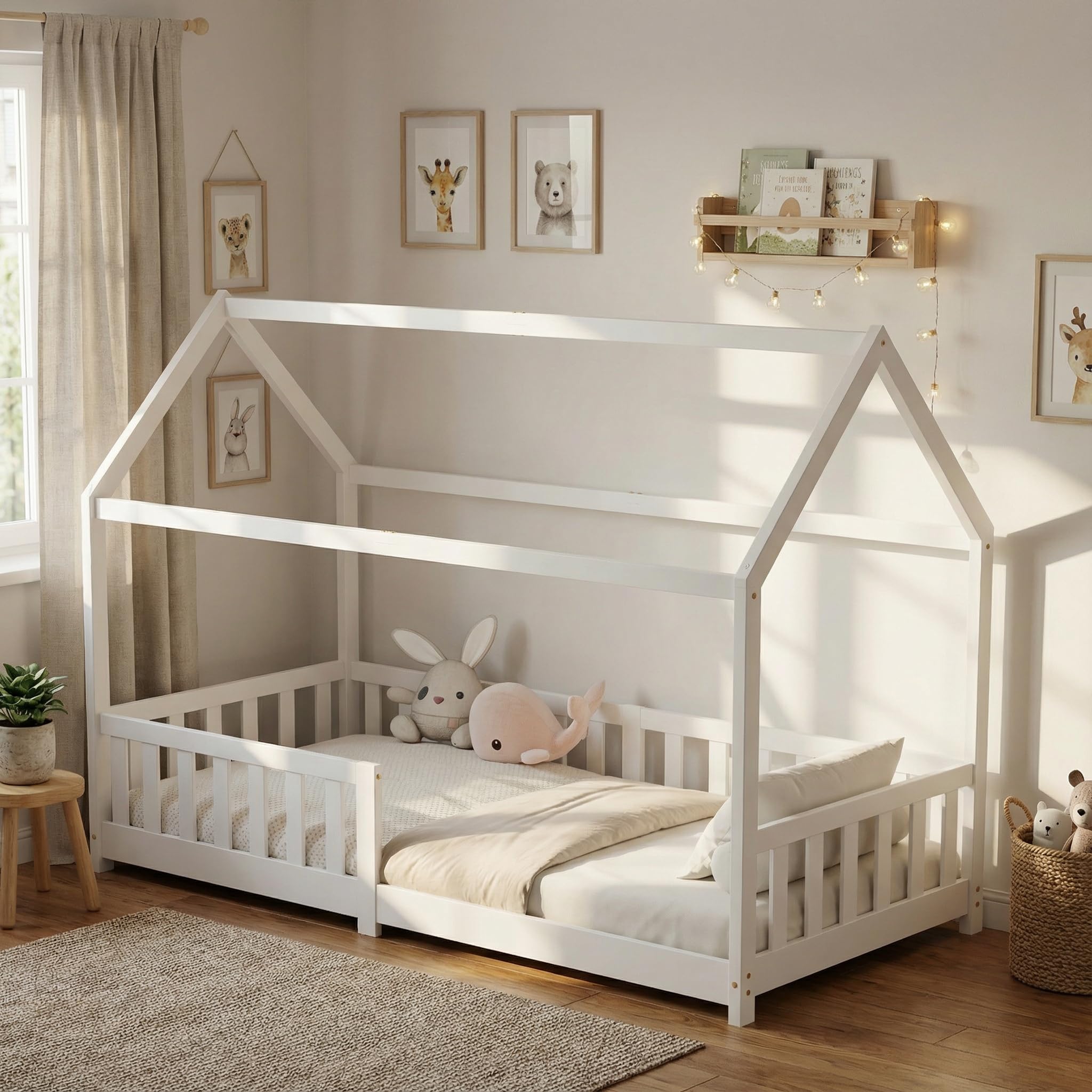 ecomi Bodenbett 90x200 – Hausbett mit Rausfallschutz, Weiß