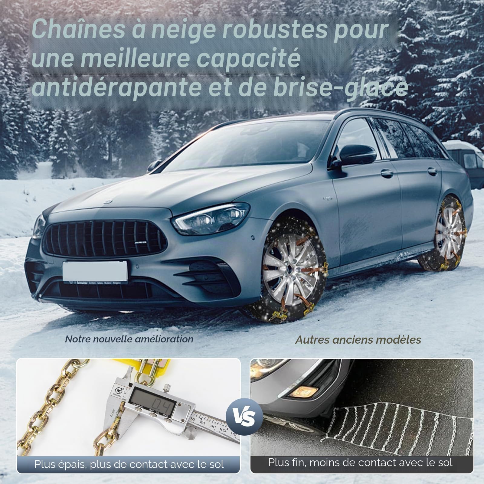 Chaînes à Neige Réglables et Robustes - Lot de 6 pour Voitures, Camions, SUV - Largeur 165-265mm - Avec Pelle à Neige en Plastique et Gants