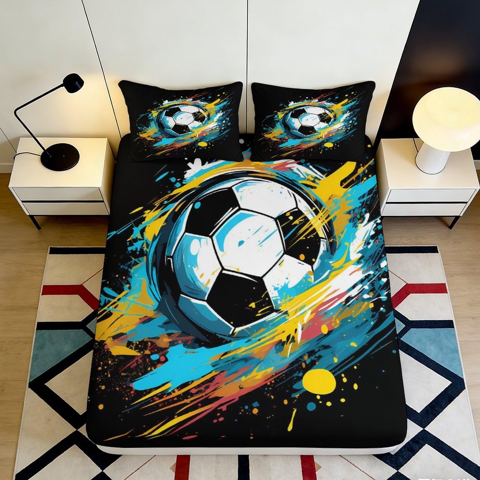 3D Printed Graffiti Soccer Fitted Sheet Microfiber Breathable Splash Football Bed Cover for Bedroom Living Room Decor 90x200x25cm