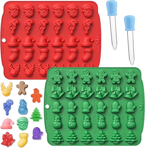 Inn Diary Moldes de goma de Navidad con 2 cuentagotas de silicona para chocolate, molde antiadherente de grado alimenticio, para hornear, molde de