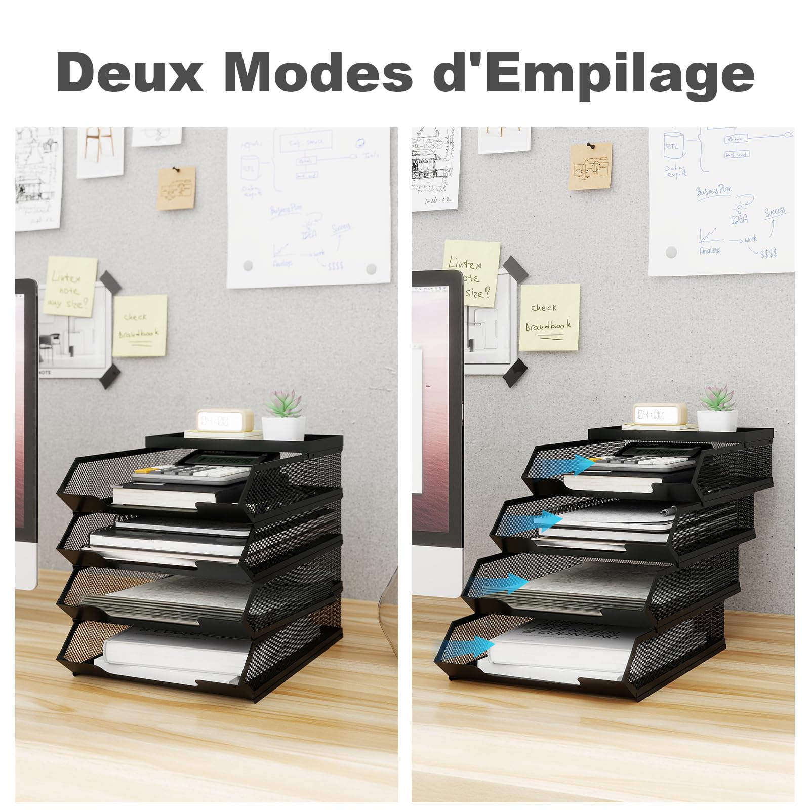 PUNCIA Corbeilles à Courrier 4 Niveaux avec Porte-Étiquette Métallique | Organiseur de Bureau Empilable Trieur A4 pour Bureau Rangement de Documents Courriers et Factures Design Gain de Place Noir