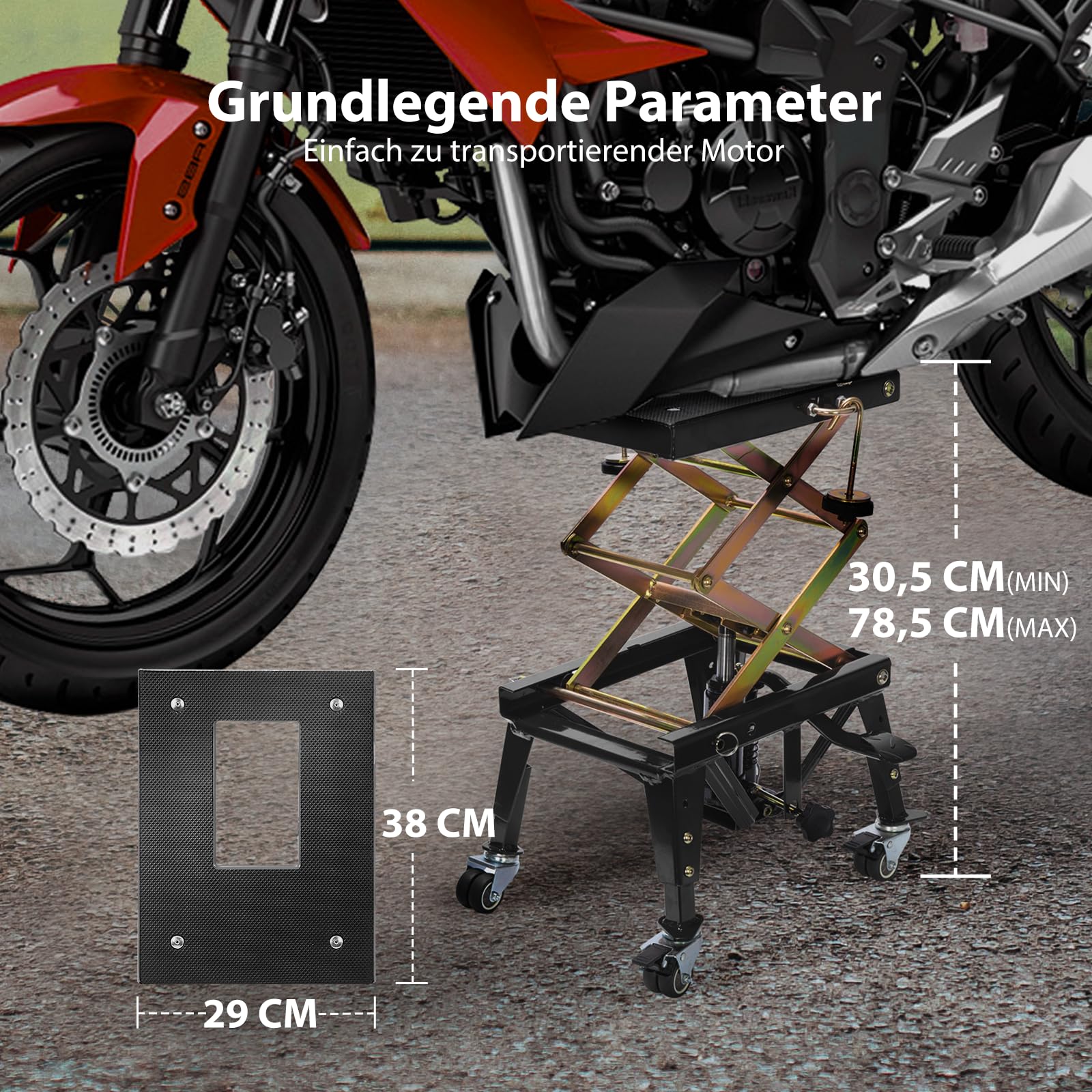 VIVOHOME Hydraulischer Motorrad-Wagenheber Motorradhebebühne bis zu 160kg mit Fußbetätigung ATV Dirtbike Scherenständer mit 4 Rädern