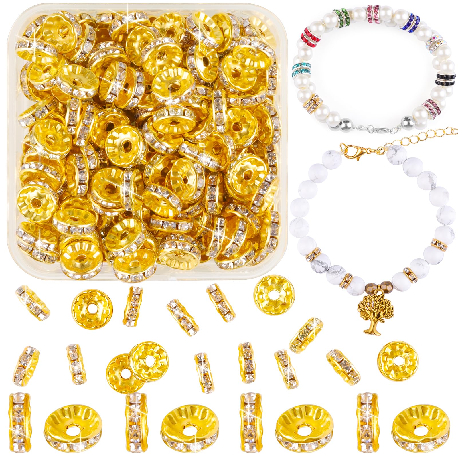 400 Stück 10mm Kristall Rondelle Spacer Perlen Gold Metallperlen Loose Round Zwischenperlen für DIY Armbänder Ohrringe Halskette Schmuck Dekorationen