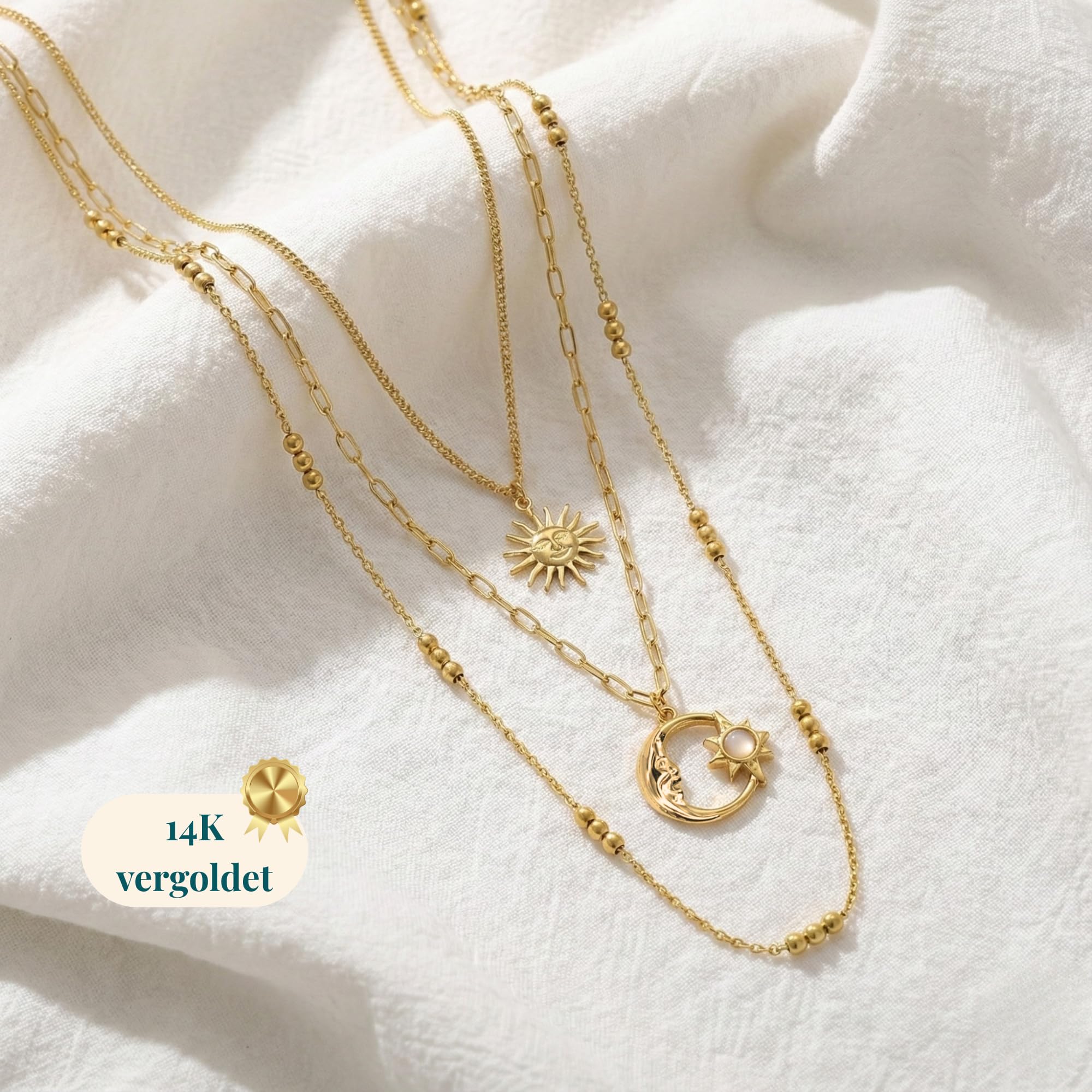 Halskette Damen Triple Gold & Silber aus Edelstahl – 3-Reihig Wasserfest & Verstellbar (Ein Verschluss) – Schmuck Geschenk für Frauen & Freundin – Freigeist-Kollektion