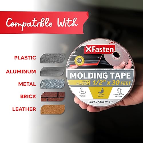 Miniatura 5 de XFasten Cinta de moldeo automotriz súper resistente, gris, 1/2 pulgada x 30 pies, cinta de montaje exterior de doble cara para moldeo de carrocería
