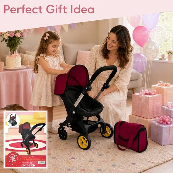 Baby Doll Car Seat Stroller Combo Convertible 2-in-1 Doll Stroller and Car Seat for Kids | Fits Up to 20 Dolls | Play Toy Baby Stroller with Adjustable Handle for Young Girls Ages 3+ (Maroon)
