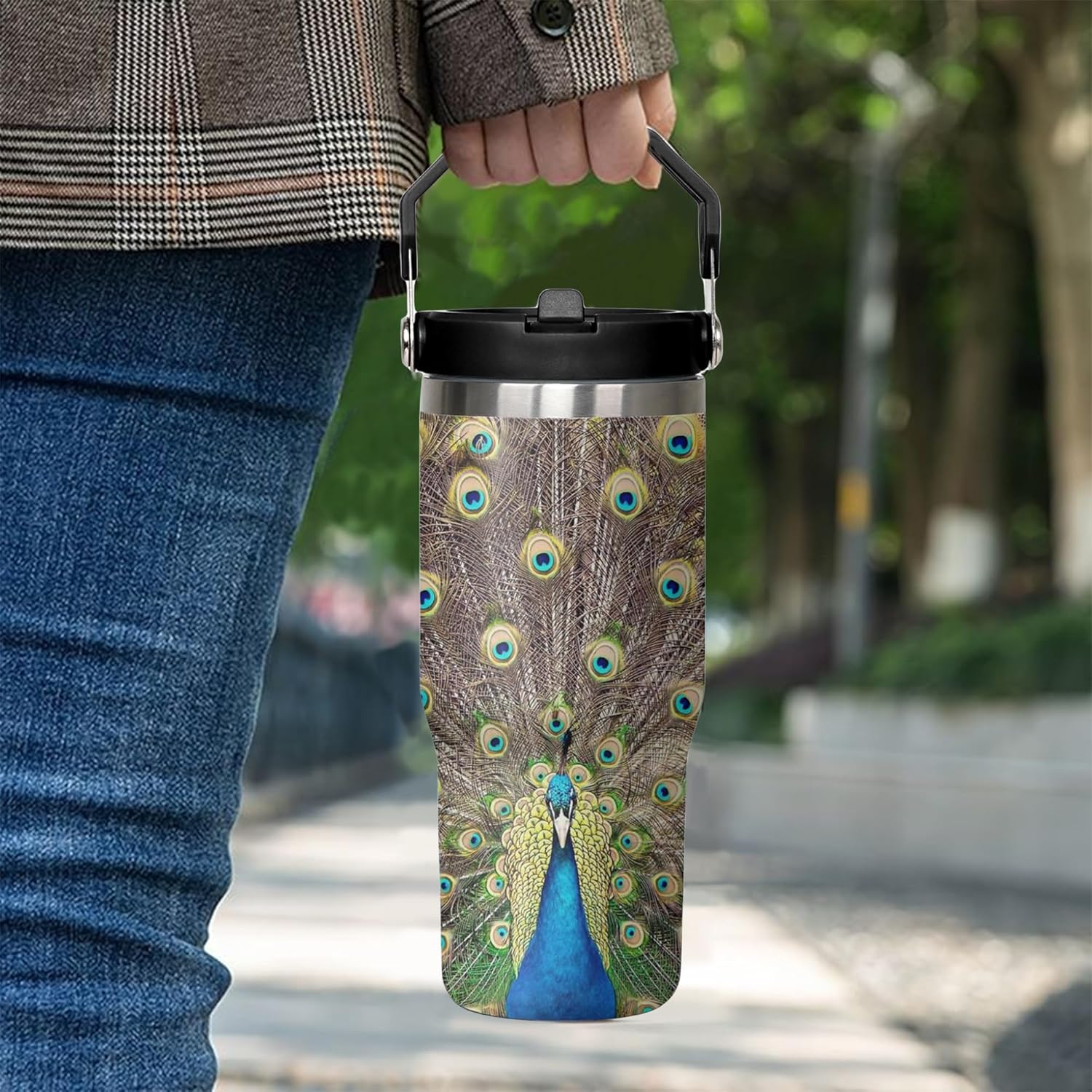 30oz Peacock Tumbler with Handle and Flip Straw, Stainless Steel Insulated Cup, Travel Coffee Mug Water Bottle, Birthday Mothers Day Chritmas Gifts for Women Animal Lovers