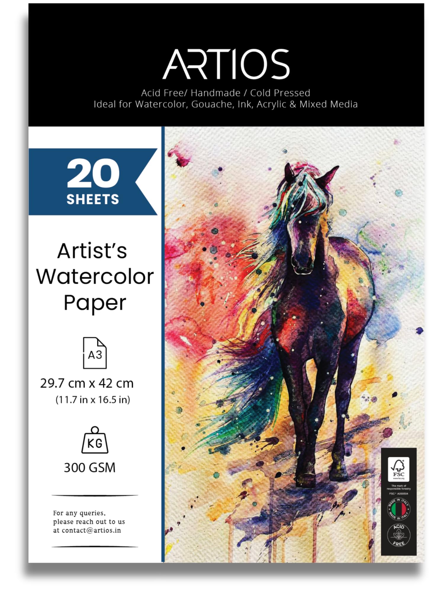 ARTIOS Watercolor Papers 25% Cotton for Artists - A3 (20 Sheets) Premium 300gsm Acid-Free, Smooth Absorbent Surface, Archival Quality- Ideal for Water colors, Gouache, Acrylics, and Ink (B0CQRRGBLR) Amazon Price History, Amazon Price Tracker