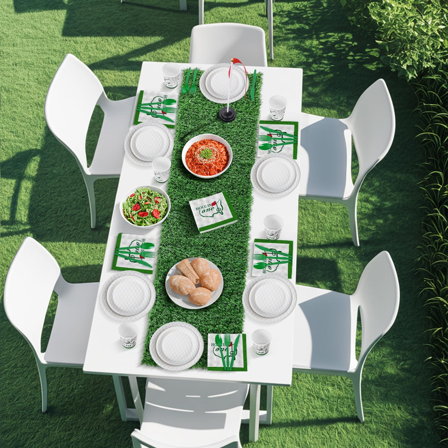 172 PCS 3D Golf Ball Party Supplies with Artificial Grass Table Runners Paper Ball Plates Napkins Dinnerware Set Includes Red Flag Plastic Flag Stand Forks Serve 24 for Birthday Sports