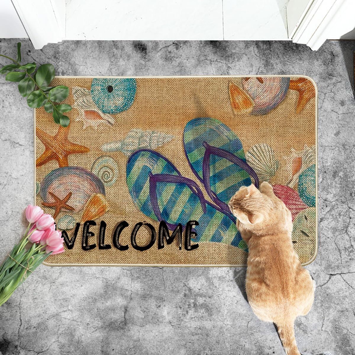 Artoid Mode Shells Beach Flip-Flops Welcome Summer Doormat, Seasonal Summer Holiday Yard Floor Switch Mat for Indoor Outdoor 24x35 Inch