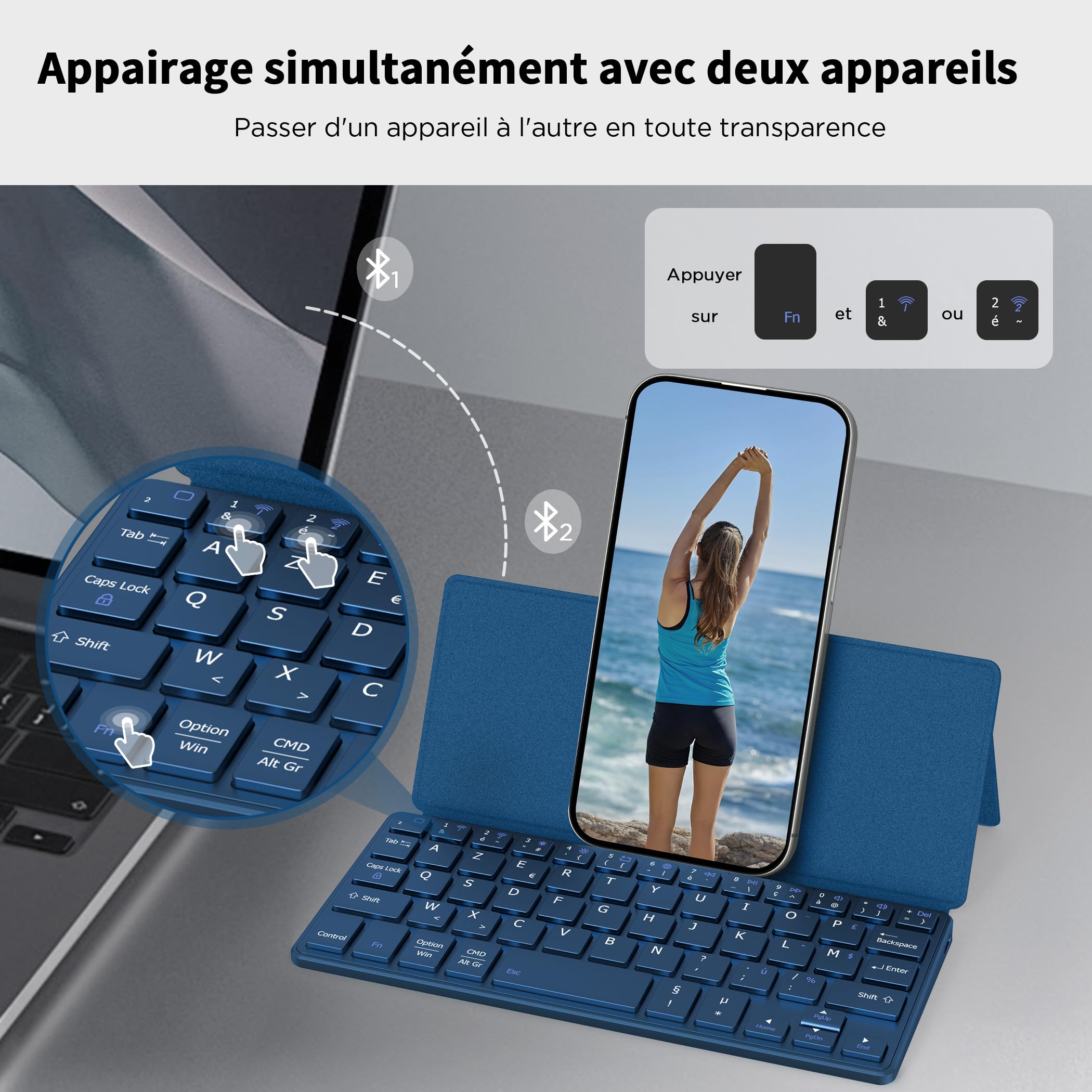 CACOE Tastiera Bluetooth pieghevole, mini AZERTY senza fili tastiera a doppio canale | Tastiera Bluetooth per iPad/Phone/Tablet, Android, Windows con supporto e ultra piatto, blu oceano