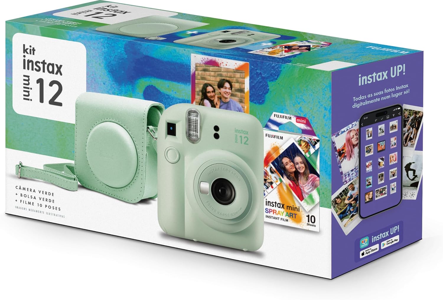 Kit Câmera Instax Mini 12 com pack 10 fotos Spray Art e Bolsa Verde Menta