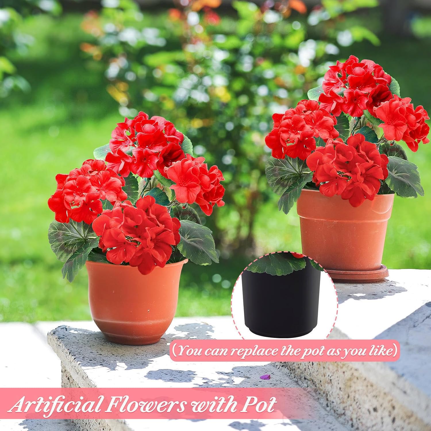 TURNMEON 2 Pack Artificial Geraniums Fake Flowers for Outdoors Summer Decoration, Silk Geraniums Red Flowers UV Resistant Faux Flower Potted Plants for Gardens Farmhouse Indoor Home Table Decor (Red)