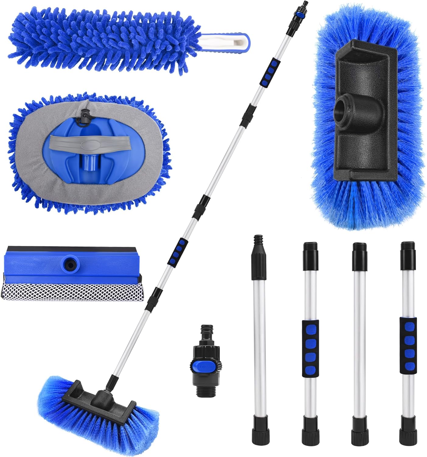 65" Car Wash Brush with Long Handle, Car Wash Mop, Flow-Thru Soft Bristle Car Washing Brush with Extendable Handle and Hose Attachment for Car, SUV, Truck,RV, Boat