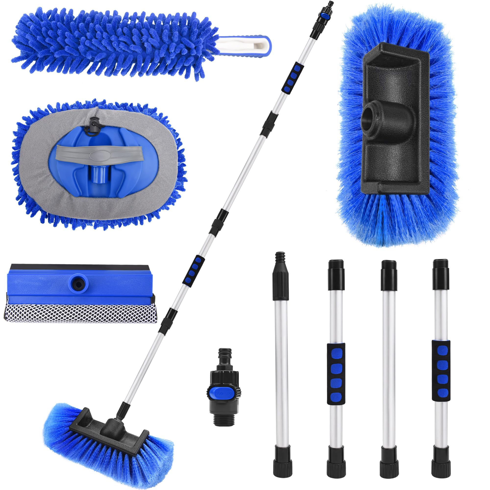 65" Car Wash Brush with Long Handle, Car Wash Mop, Flow-Thru Soft Bristle Car Washing Brush with Extendable Handle and Hose Attachment for Car, SUV, Truck,RV, Boat