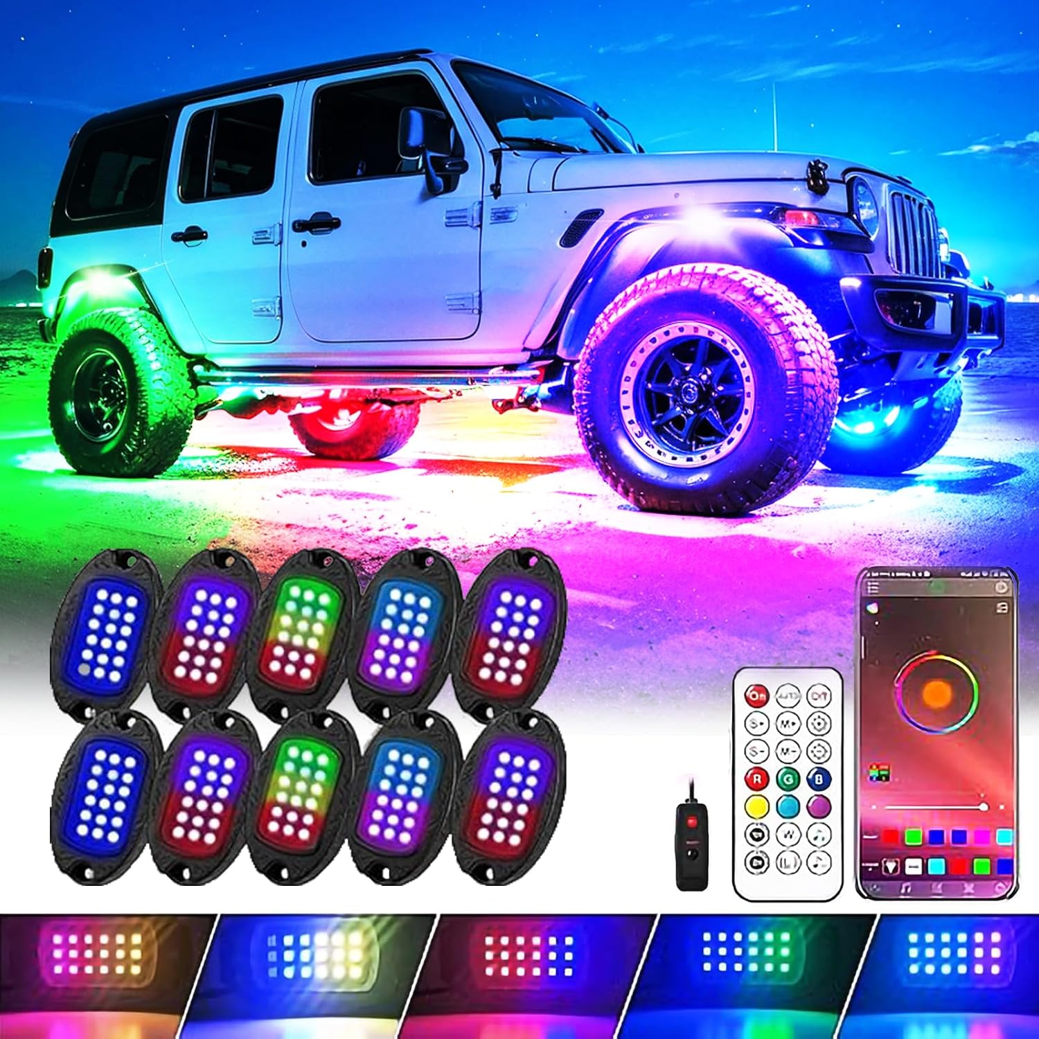 10 Pods Alloy RGBIC LED Rock Lights for Golf Cart Car Jeep