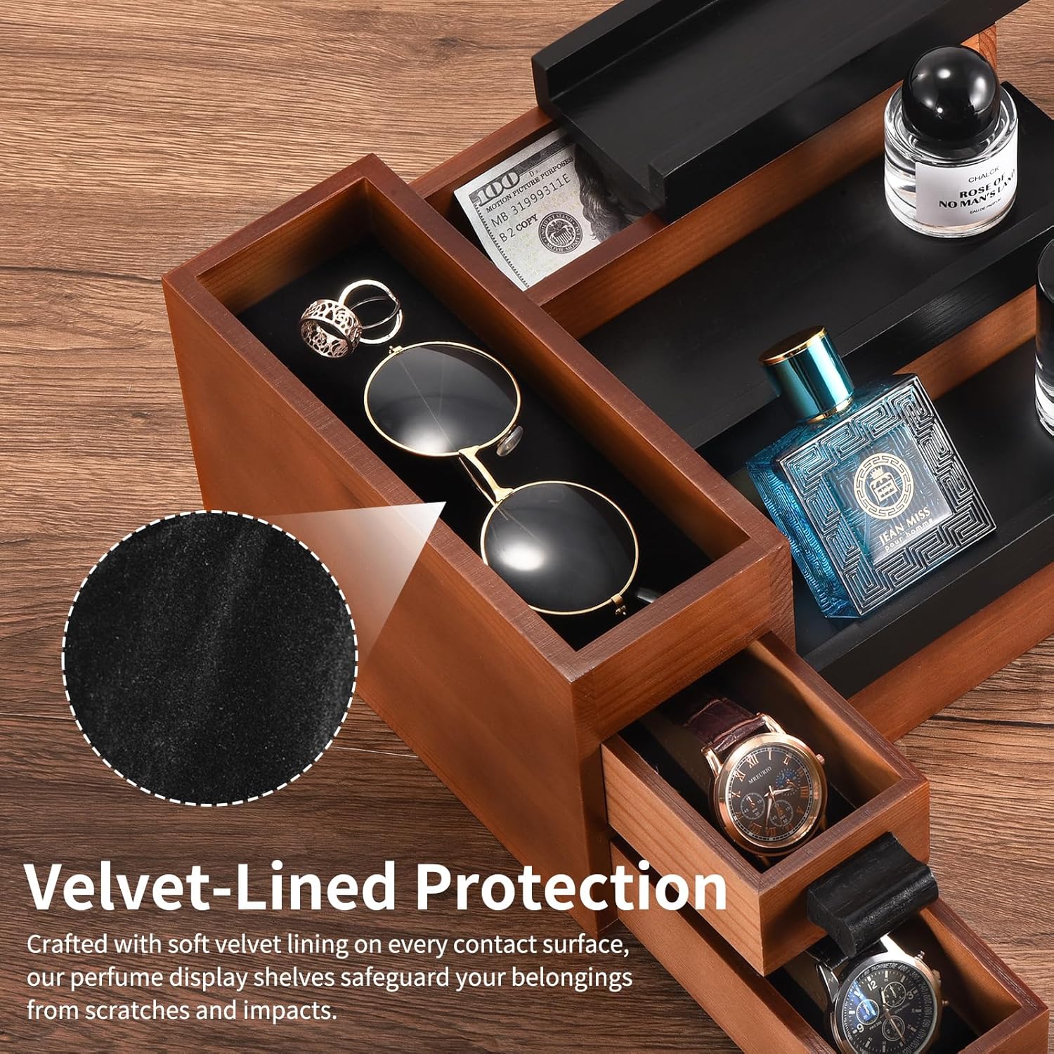 Perfume Stand Organizer for Men, 3 Tier Perfume Display Shelf with Velvet Lining Drawer and Hidden Compartment (Walnut Black - 2 Drawer)