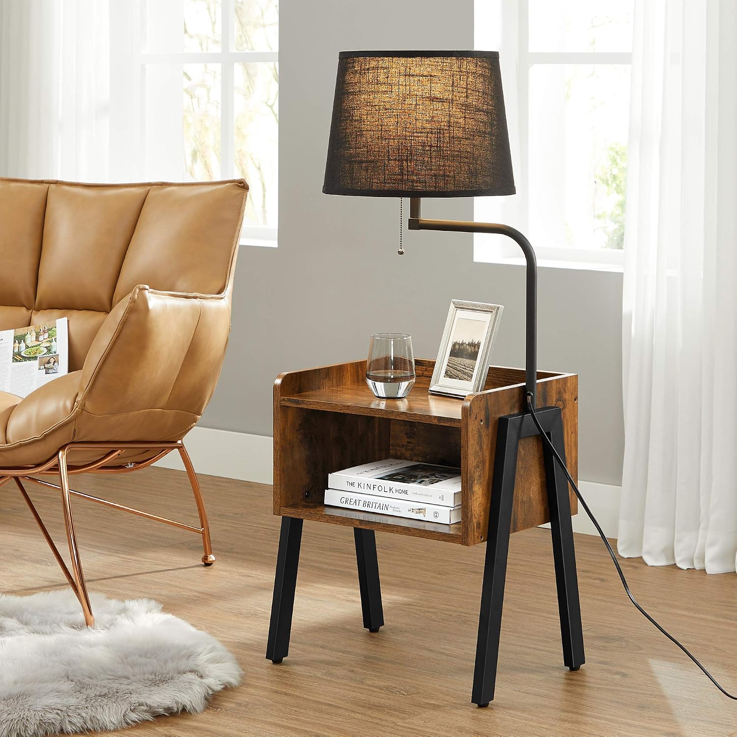 VASAGLE Floor Lamp, Nightstand with Lamp Shade, Bedside Table, Sofa Side End Table, Steel Frame, Bulb Not Included, Industrial, for Bedroom, Living Room, Rustic Brown and Black ULFL054B01