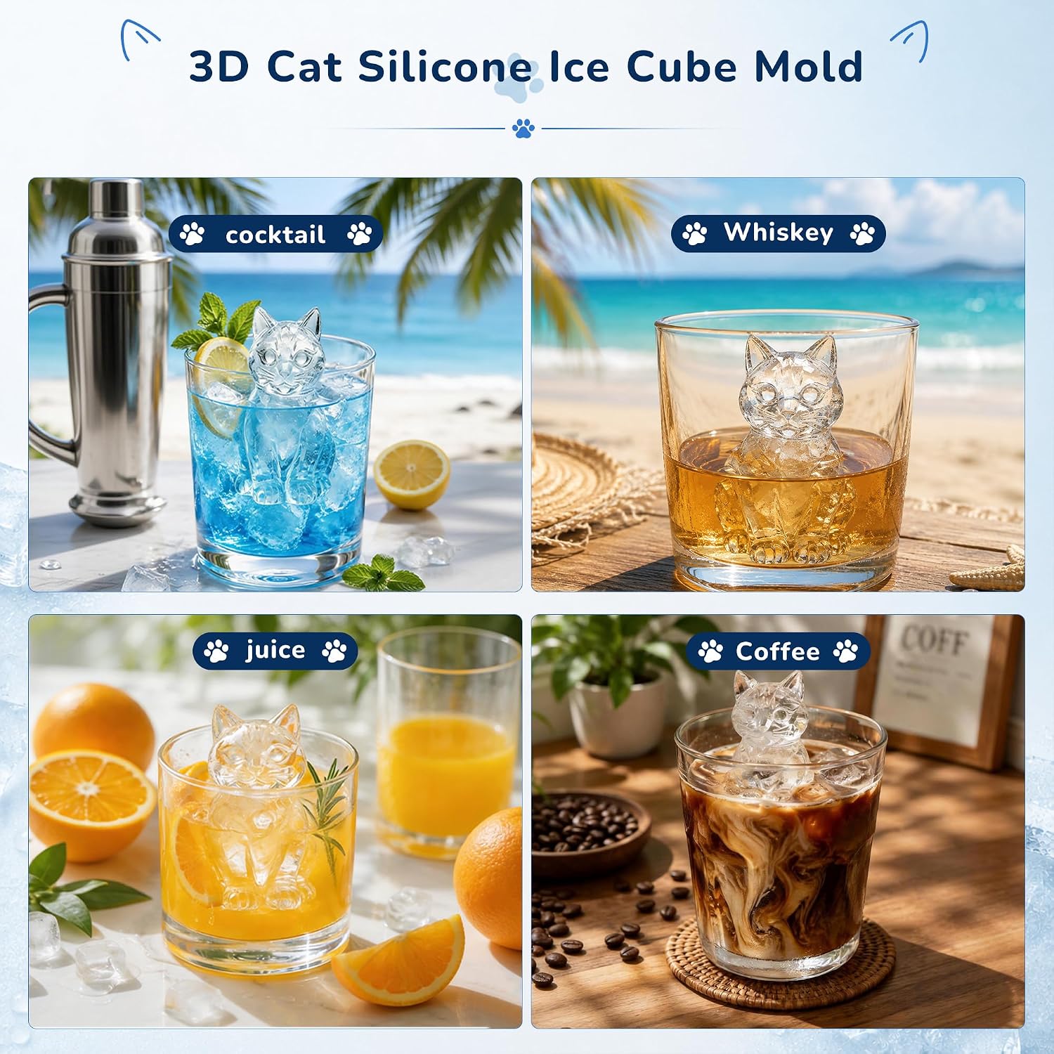 3D Cat Ice Cube Mold with Lid for Whiskey, 8-Cavity Silicone Cat Shapes Ice Cube Tray for Cocktails, Silicone Funny Cats Shapes Gifts for Animals Lovers