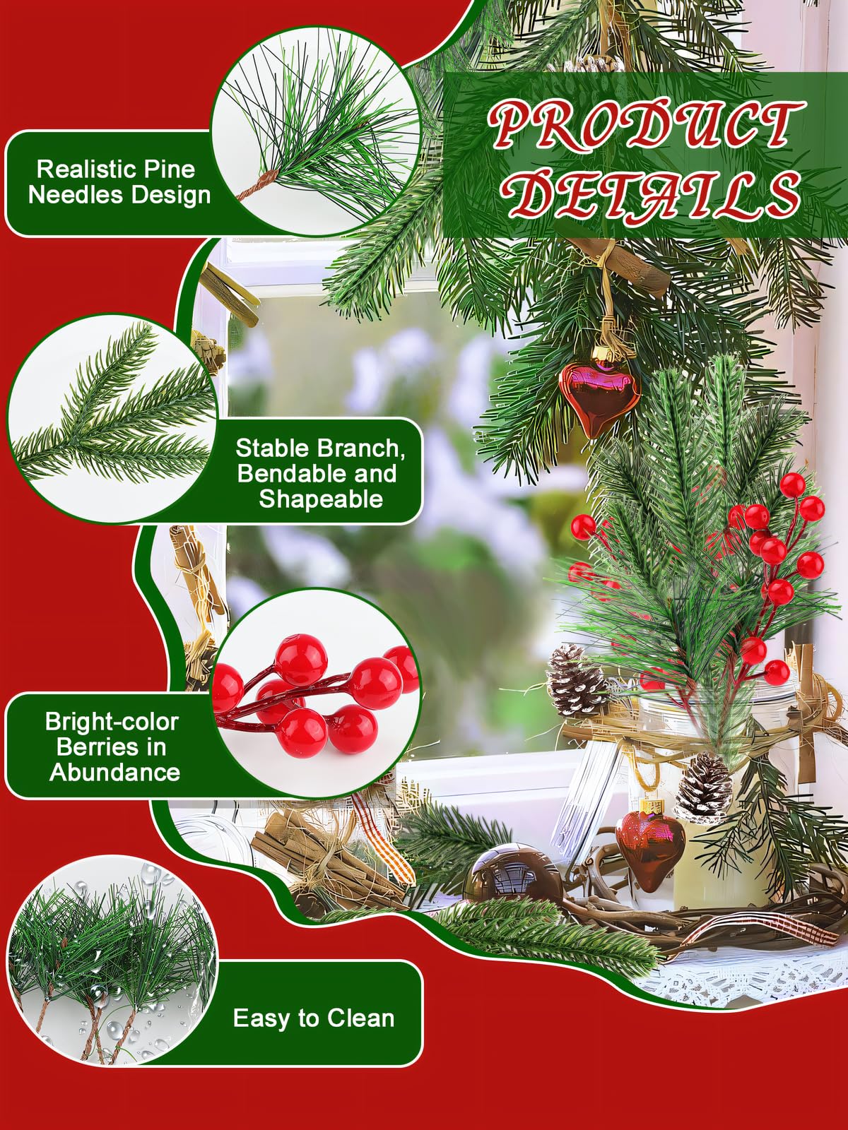 Kalolary Künstliche Tannenzapfen Zweig-Set, 150 Stück, sortierte künstliche Tannennadeln, Zweige, schneebedeckter Weihnachtsbaum, florale Zweige, Weihnachtszweige, rote Stechpalmenbeeren, Stiele für