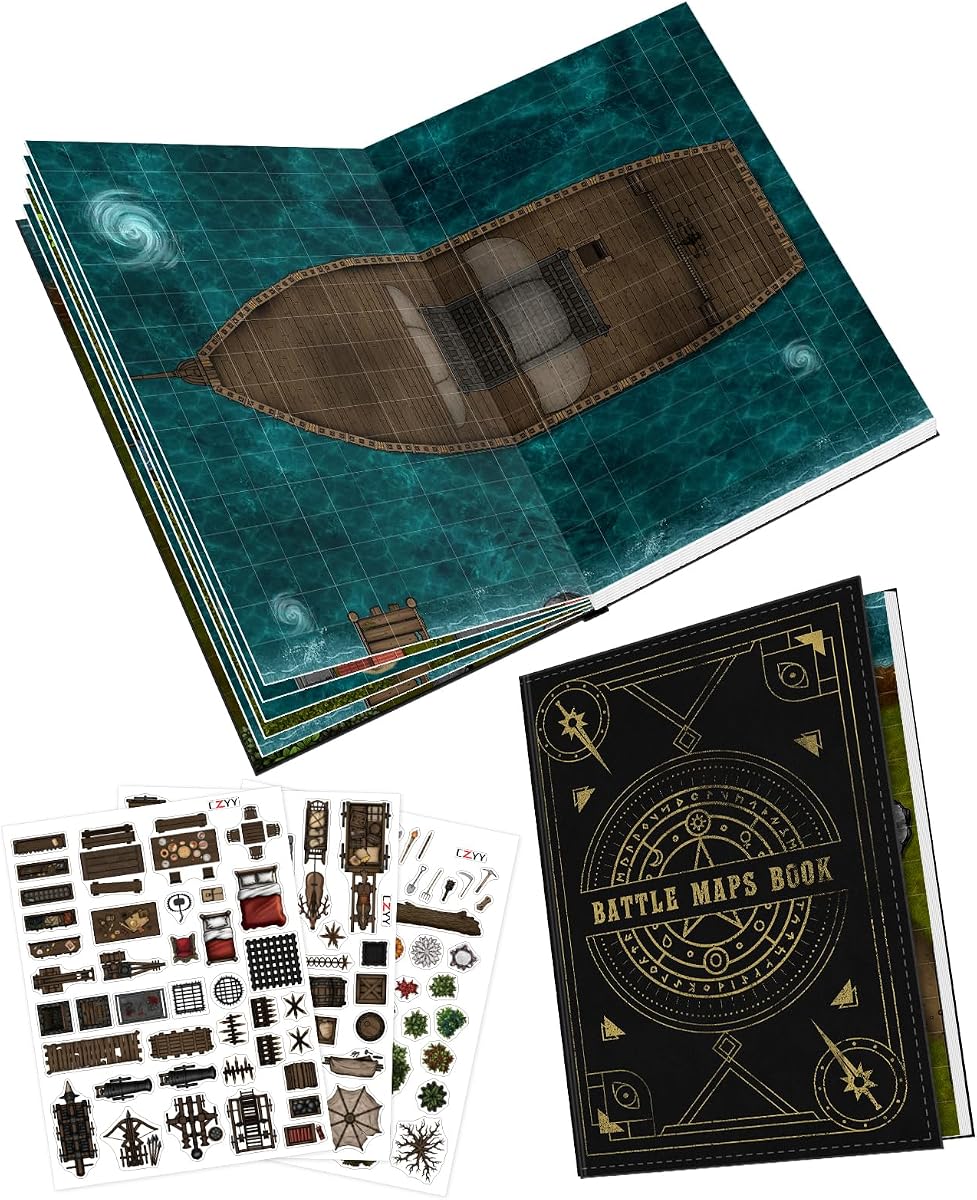 CZYY DND Battle Map Book, Reusable RPG Terrain Kit for Miniature Battles | 32 Dry & Wet Erase Maps, 100+ Scenery Decals, 1 in Grid, Lay-Flat Design, Fast Setup for Campaigns & Game Nights