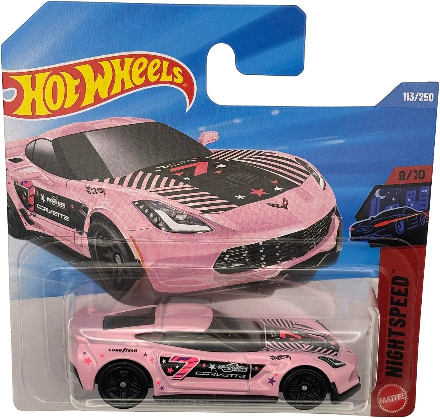 Hot Wheels — Corvette C7 Z06 — JJJ73 — Nightspeed 9/10 — короткая карточка — розовая — официальная лицензионная модель — Mattel 2026 (113/250) — 1:64