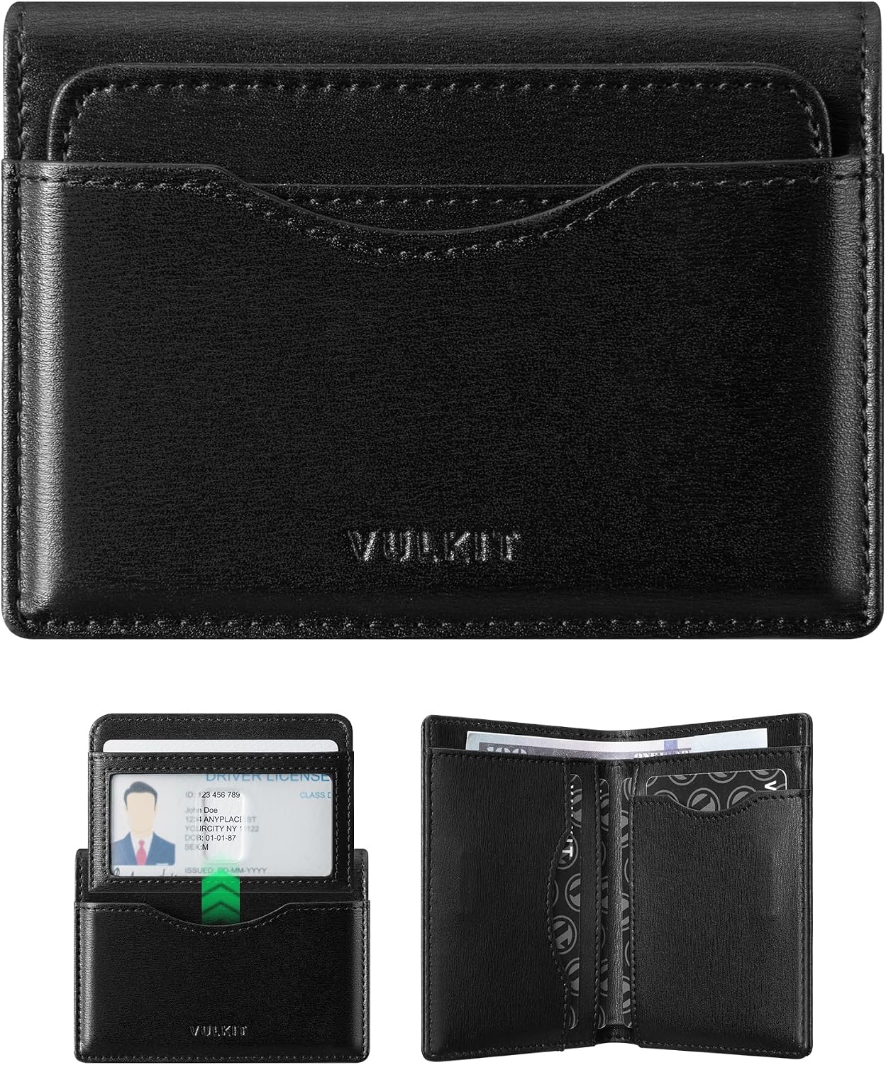VULKIT Small Wallet for Men Leather RFID Wallet with Remove ID Window Bifold Men's Wallets with Card Holder Banknote Compartment Credit Card Wallet for Women, Black image 2