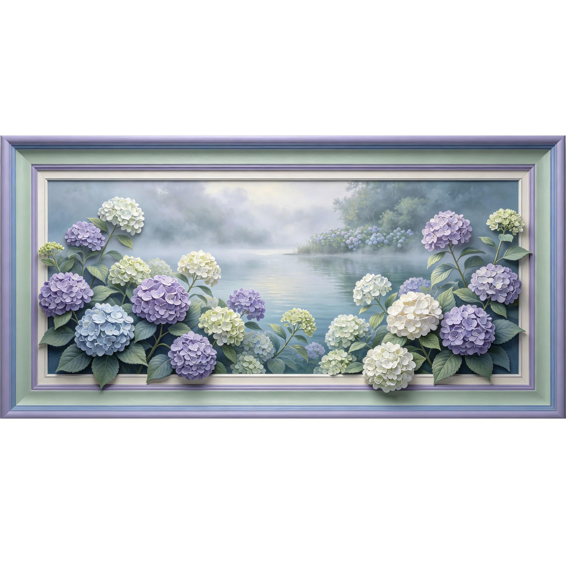 Agglomerix 3D Framed Wall Art Hydrangea Floral Botanical Lake Landscape Oil Painting Large Size SelfAdhesive Removable Wall Decor Prints Artwork for Living Room Bedroom Office