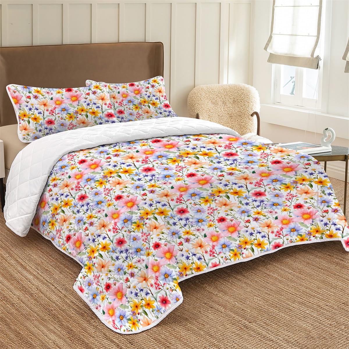 Airensky Quilt Bedding Sets with 2 Pillow Shams, Lightweight Breathable Bedspread Coverlet, Square Weave Quilted Blanket Thin Comforter for All Season, Little Pink Flowers Printed, King (104" x 90")