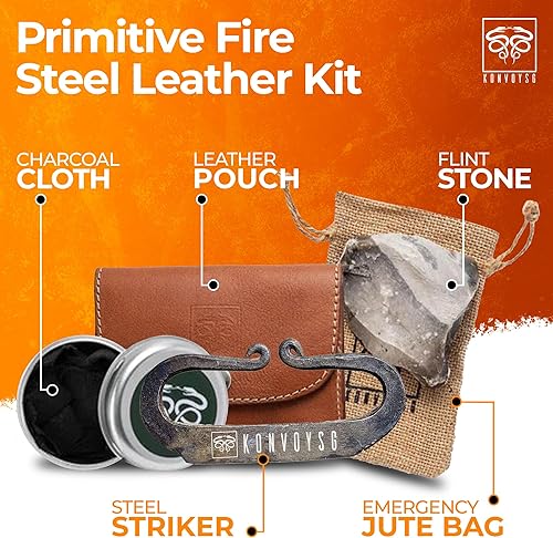 Miniatura 9 de Lanzador de fuego de acero al carbono, piedra de pedernal inglesa y tela de carbonizado tradicional forjado a mano, kit de regalo de cuero con bolsa