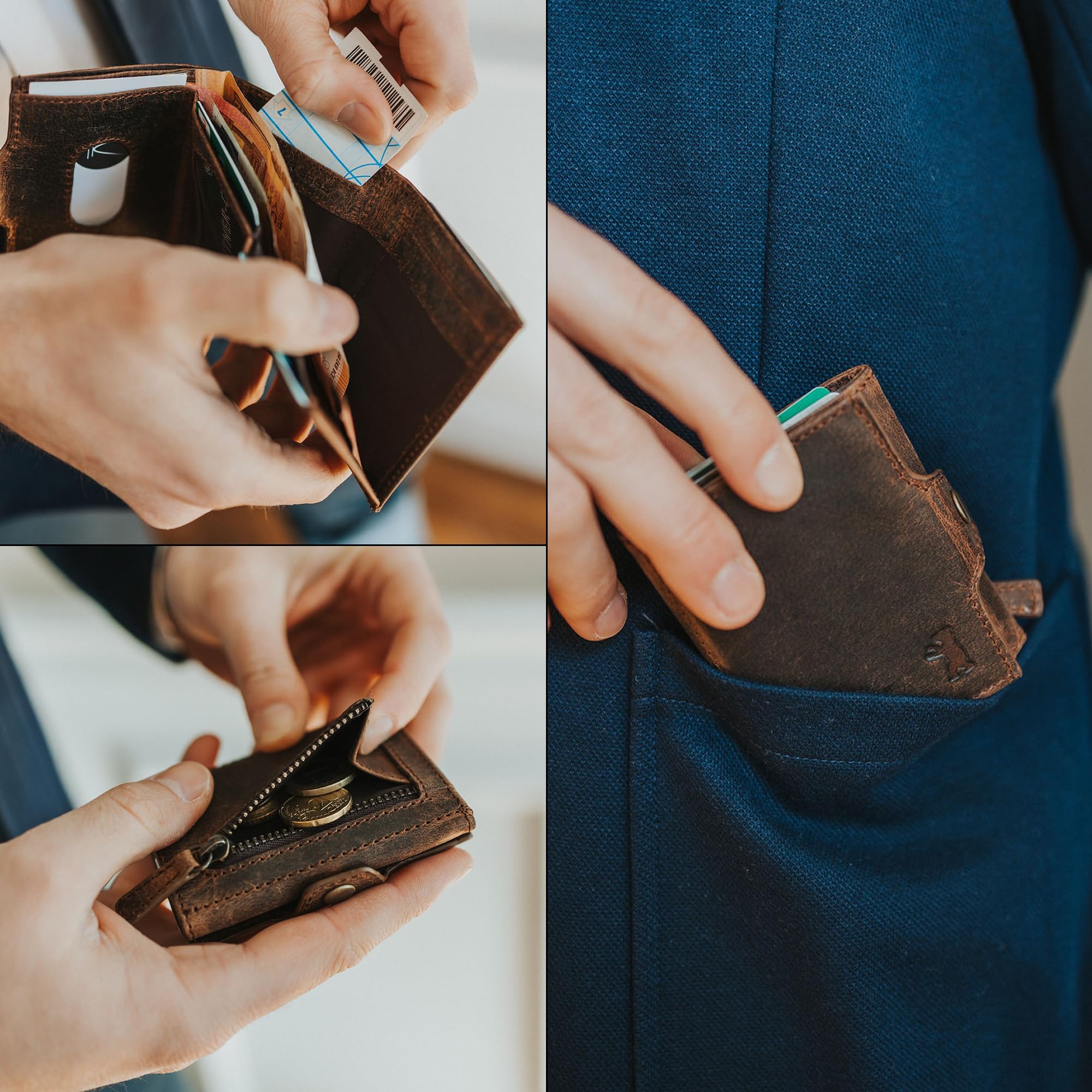 Berliner Bags Hamburg Cartera Mini de Cuero para Hombre con Monedero, RFID | Marrón Billetera De Piel De Búfalo Slim 8 Tarjetas Ventana Dni Ficha Carrito Protección Nfc Estilo Vintage Único Y Elegante