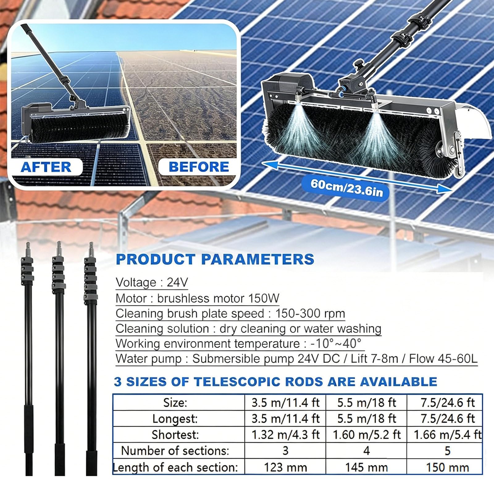Kit Pulizia Pannelli Fotovoltaici | Portata Dell'asta Telesco 3,5 M/5,5 M/7,5 M | per Lavaggio Tapparelle Vetrate Camper Auto Barca Pannelli Solari | Testa Rotante da 60 cm 5.5m/18ft
