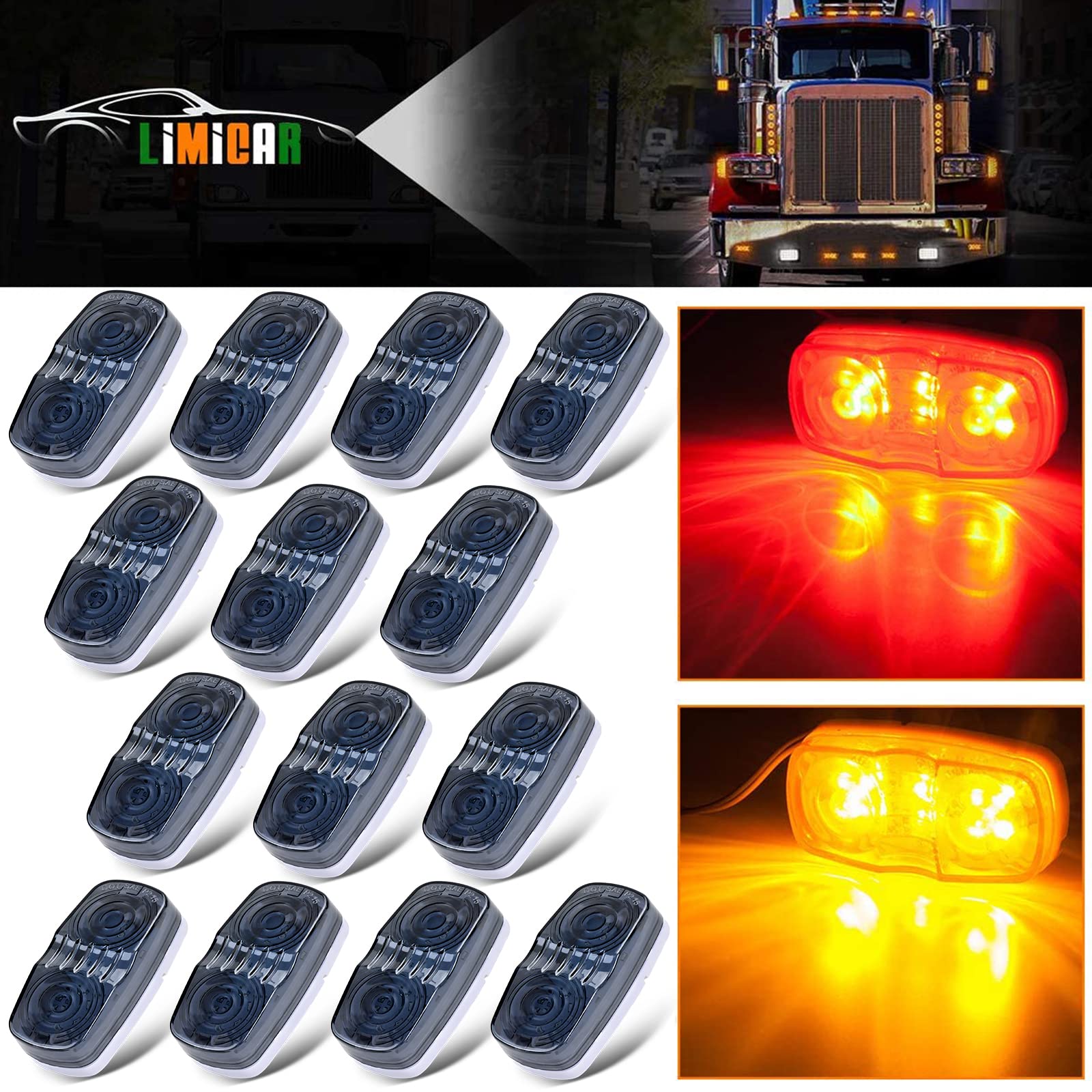 LIMICAR LED Marker Light, 14X Trailer Marker Lights, 12 LED RV Tail Lights LED, Smoke Lens Double Bullseye 7Red/7Amber Trailer Lights, Rectangle Side Marker Light Indicators