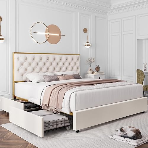 HIFIT Base de cama King con 4 cajones de almacenamiento base de cama tapizada King con cabecera capitoné de botón base de colchón resistente con