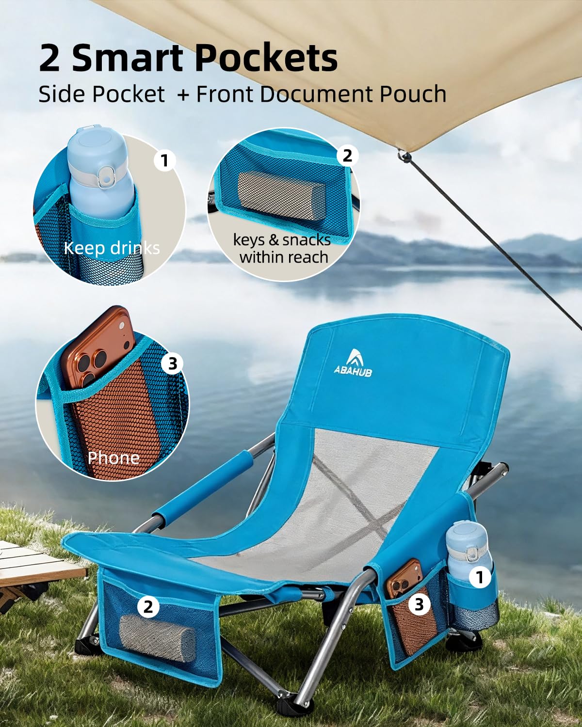 Abahub Chaise De Plage Pliable Basse Portable Legere Pliante 120Kg 2 Pièce | Aktive Chaise De Plage Pliante Ultra Légère Dossier Bas Sac De Transport Bleu