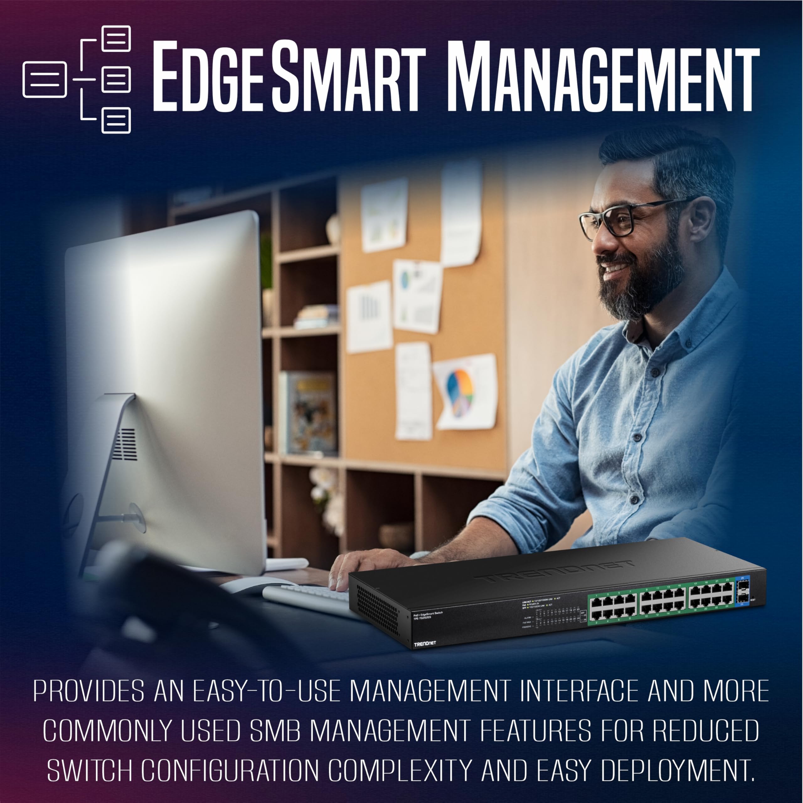 TRENDnet Gigabit EdgeSmart PoE+ Switch de 26 puertos, TPE TG262ES, 380W PoE de presupuesto de energía, 24 puertos Gigabit PoE+, 2 puertos Gigabit SFP, conmutador Ethernet de red gestionado, protección