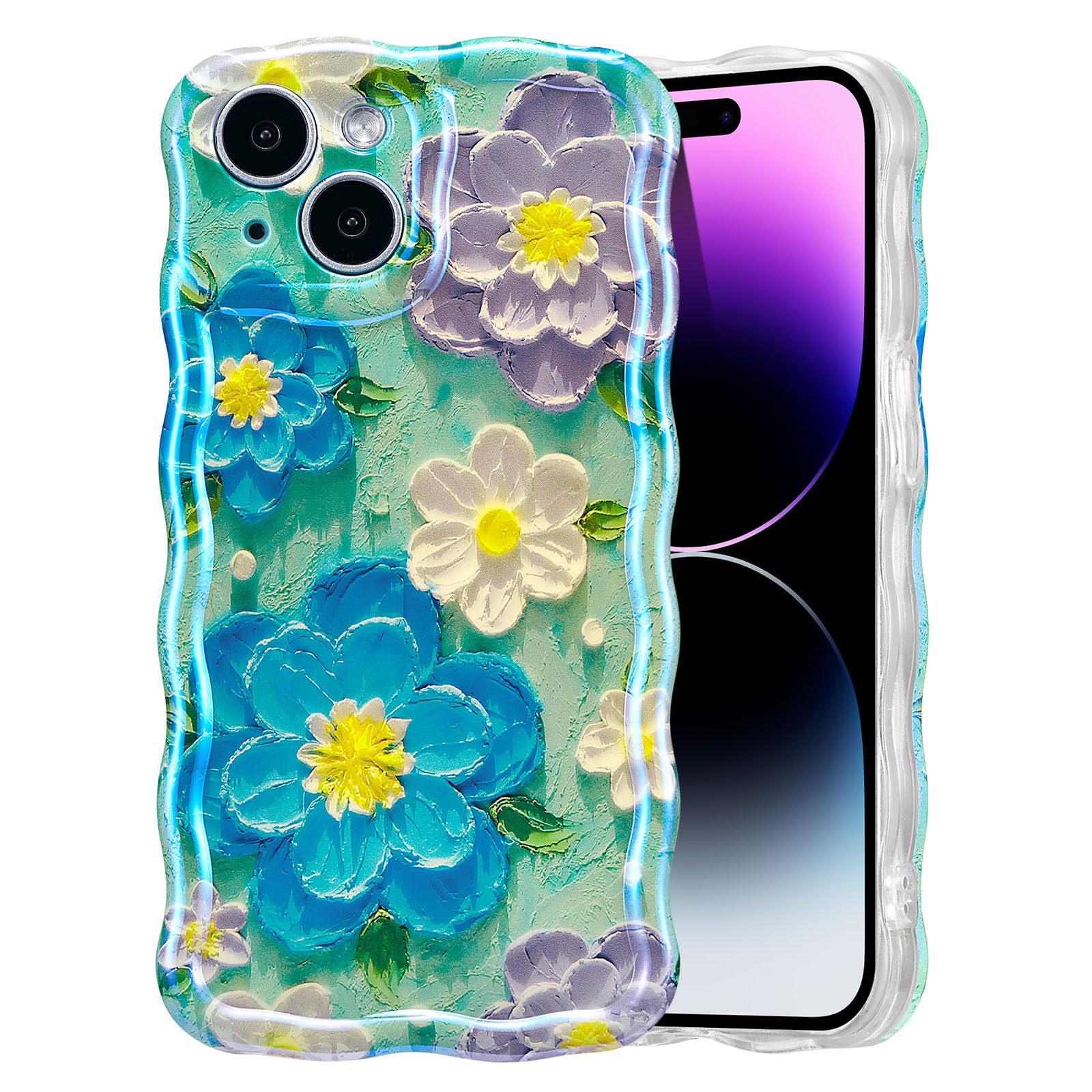 EYZUTAK Case for iPhone 15, Colorful Retro Oil Painting Flower Laser Beam Glossy Pattern Cute Curly Waves Border Exquisite Phone Cover Stylish Durable Soft TPU Protective Case for Girls Women - Green — view 71