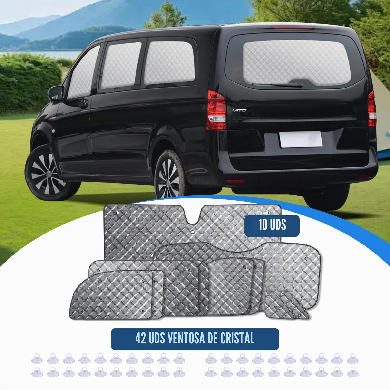 MaxAwe 10 unidades de alfombrilla térmica compatible con VITO III W447 2014-2024 SWB, parasol interior del coche para la cubierta del parabrisas delantero, juego de persianas térmicas, juego de