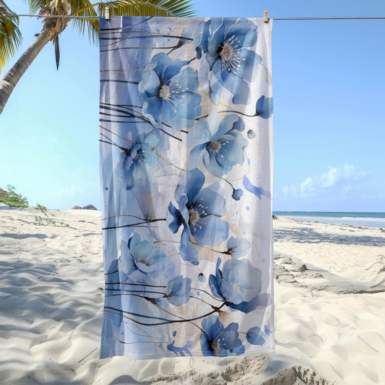 Serviette de Plage Fleur Bleue Beige Serviette de Bain Sport Piscine Toilette Microfibre Piscine Anti Sable Drap de Plage Bain xxl Ultraléger Portable Towel Absorbant Séchage Rapide 200x220cm