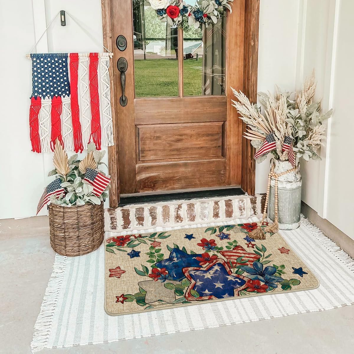Artoid Mode American Star Flowers 4TH of July Doormat, Patriotic Memorial Day Home Decor Low-Profile Switch Rug Door Mat Floor Mat for Indoor Outdoor 17x29 Inch