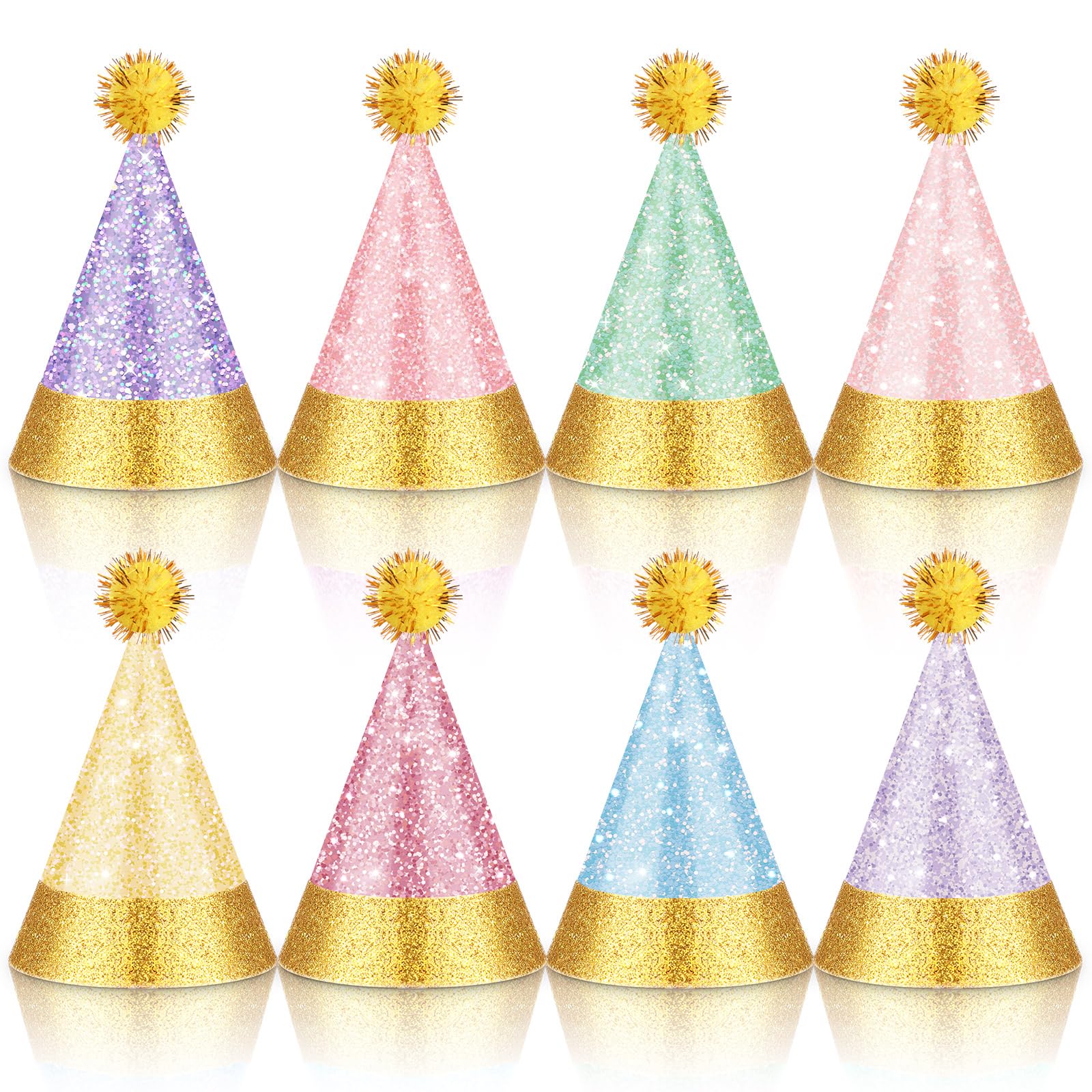 Sonwyoung 40 Pcs Mini Party Hats with Pompoms, Glitter Stuffed Animals Birthday Party Cone Hat for Stuffed Animals Pets Party(Macaron Glitter,2 x 3
