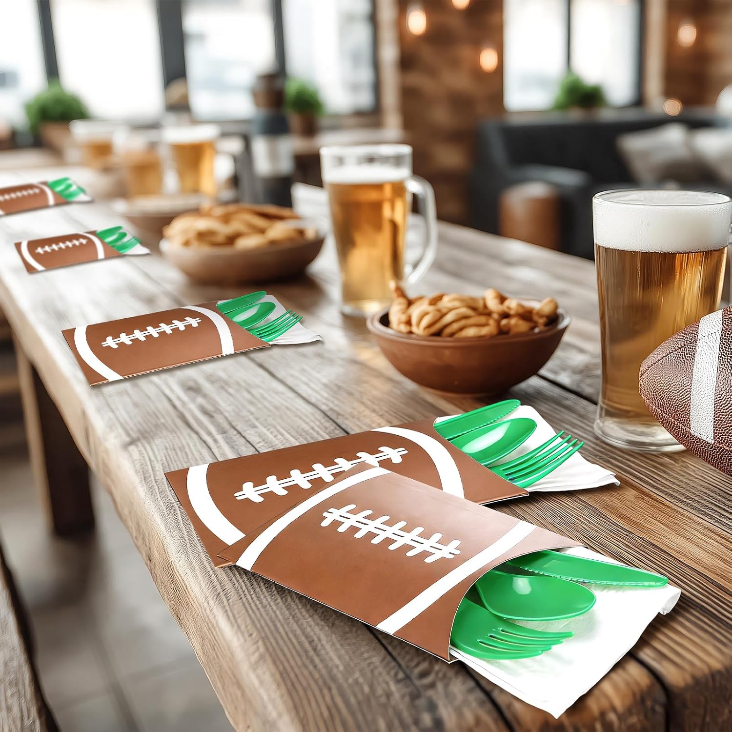 Tinlade 24 Pcs Football Utensil Holder Paper Silverware Sleeves, 3.54 x 5.12 Inch Disposable Cutlery Holders, Utensil Bags for Football Party Supplies, Sports Event, Birthday, Kitchen Decorations