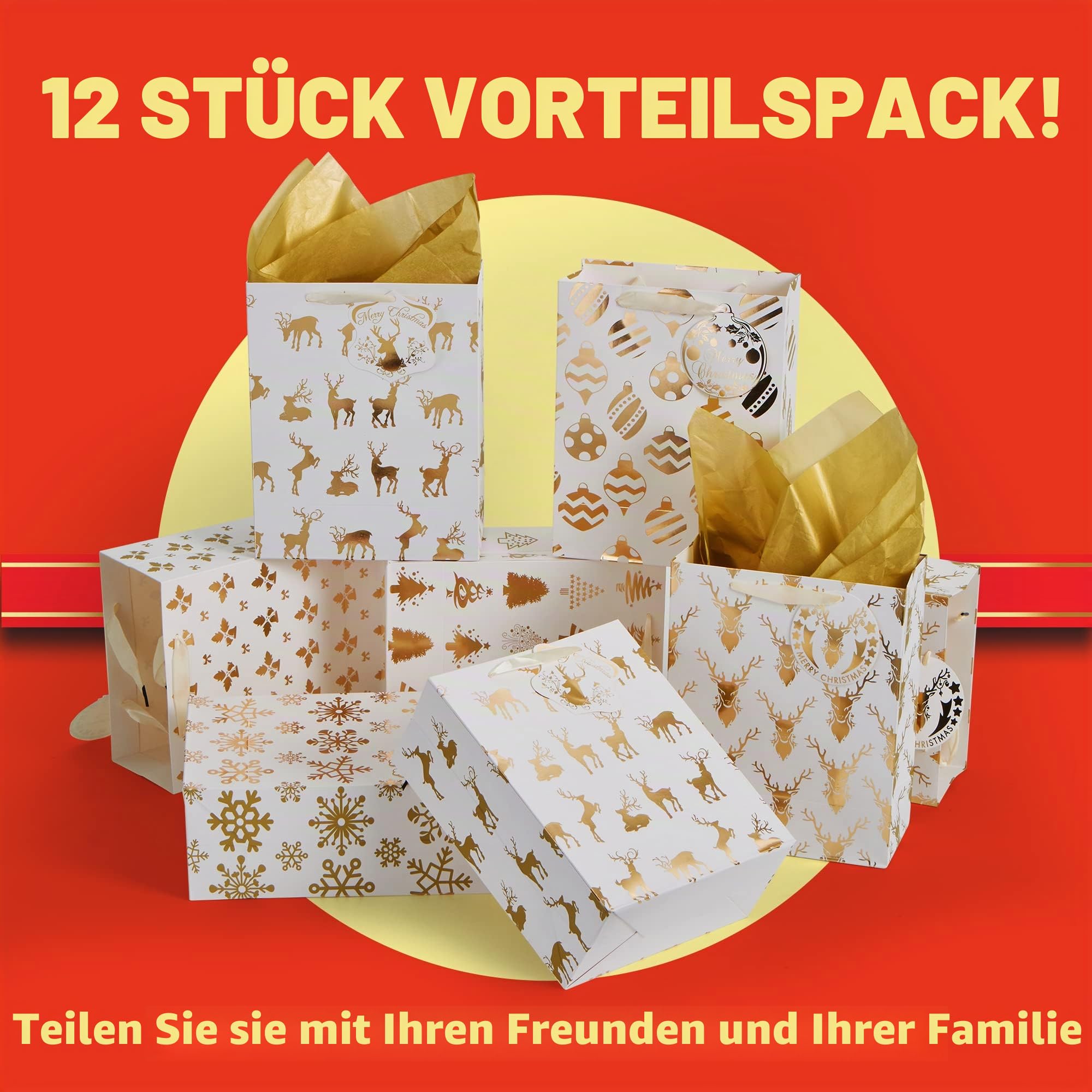 JOYIN 12 Stück Weihnachten Goldfolien-Geschenktüten mit Seidenpapier und Namenskarten, Geschenktasche für Weihnachten, Geschenkverpackung