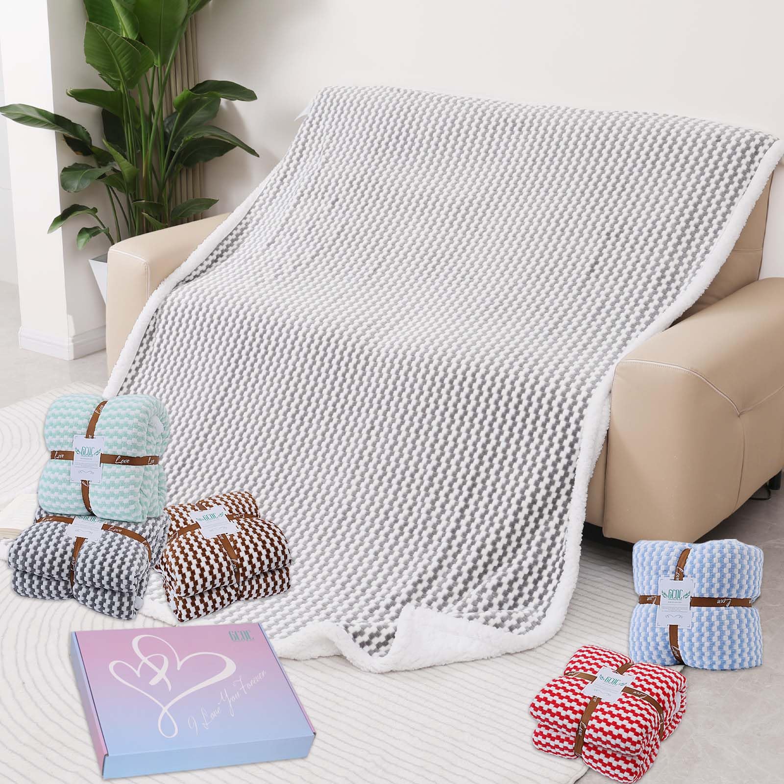 GCQC Sherpa Fleece Blanket, Checkered Grid Warmer Comfort Shaggy Soft